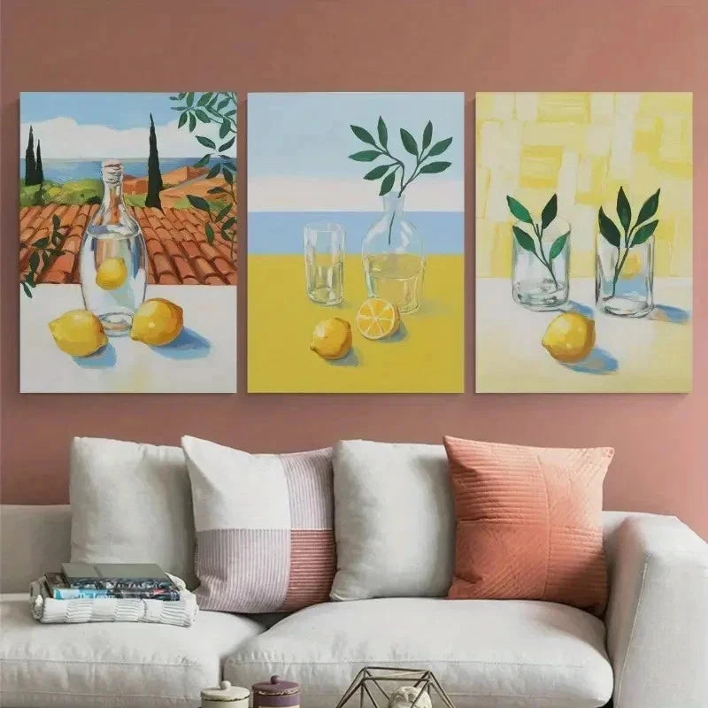 3pcs Lemon, Wine Bottle, Wine Glass Wall Art Set Canvas Framed 60x90cm - High Quality Print 100% Australian Made Wall Canvas Ready to Hang