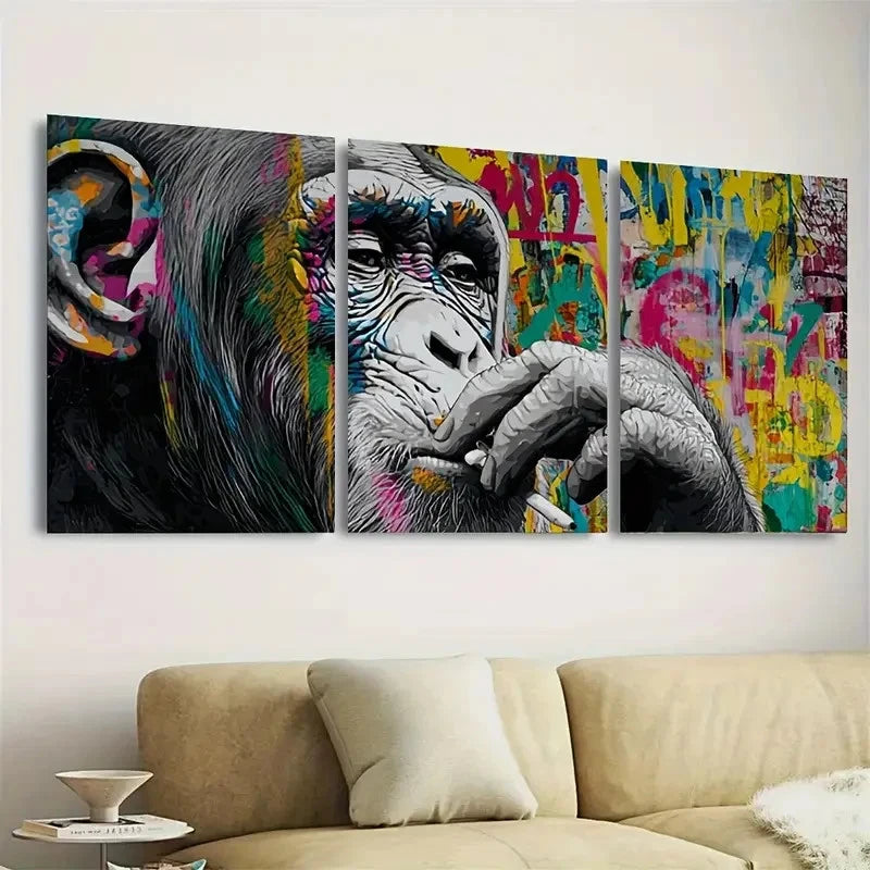 3pcs Graffiti Monkey Artwork Wall Art Set Canvas Framed 40x60cm - High Quality Print 100% Australian Made Wall Canvas Ready to Hang