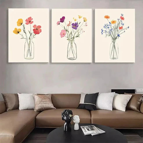 3pcs Floral Vase Colorful Flowers Wall Art Canvas Unframed - High Quality Print 100% Australian Made Wall Canvas
