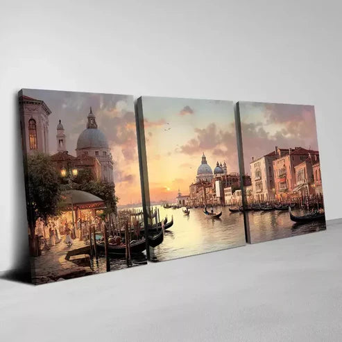 3pcs Charming Water City with Sunset View Wall Art Canvas Unframed - High Quality Print 100% Australian Made Wall Canvas - Bella Home Decor