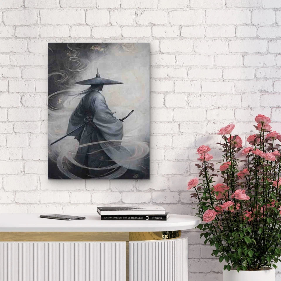 Elegant Samurai in Hat Serene Swirling Design 40x60cm Metal Print Ready to Hang