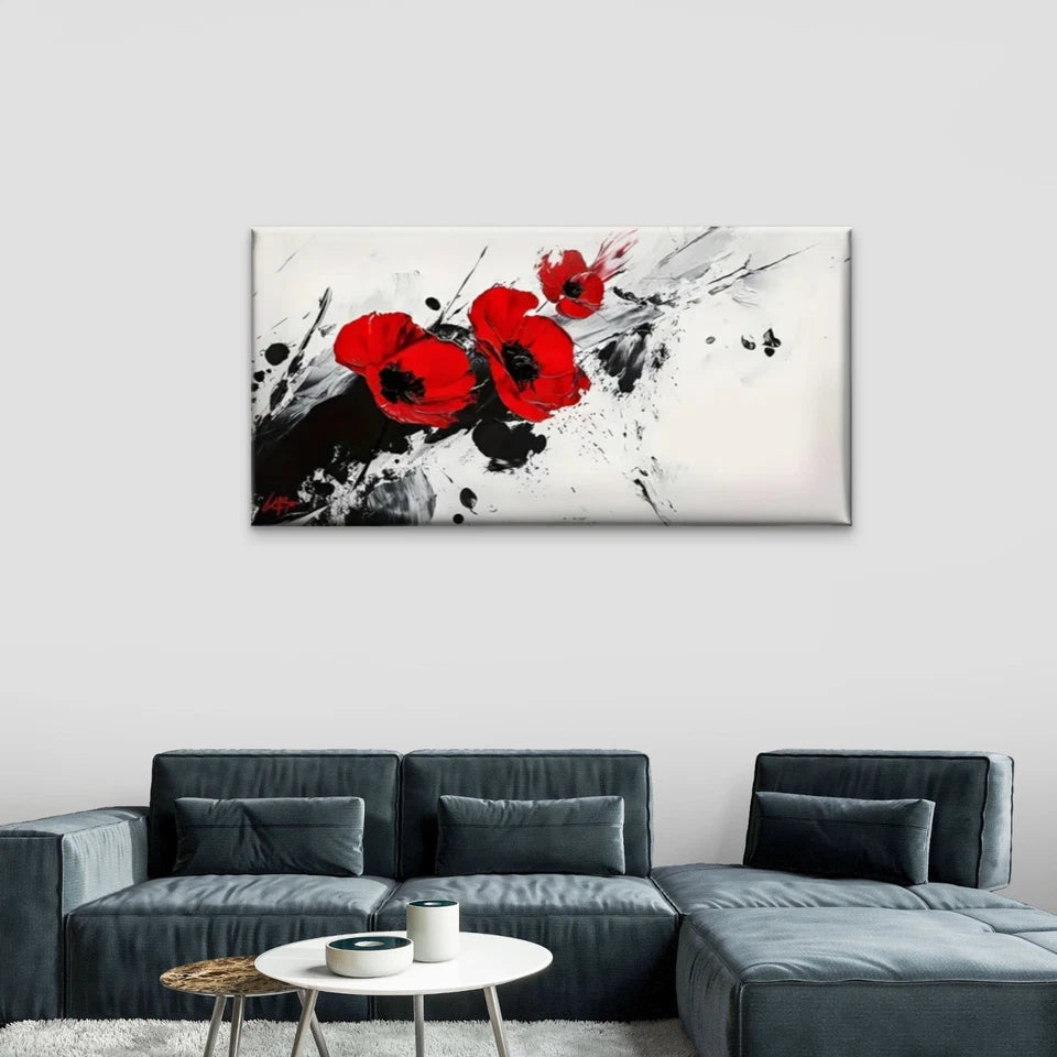 Red Flowers Abstract White Wall Art Canvas Office Home Room Framed 120x60cm