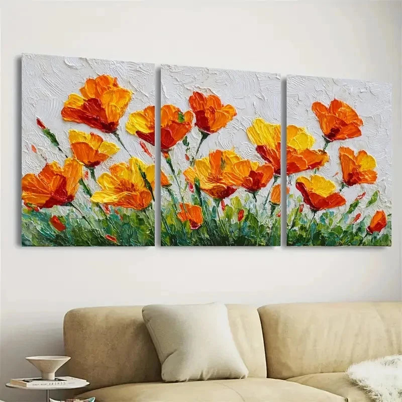 3pcs Vibrant Orange Poppy Wall Art Set Canvas Framed 50x70cm - High Quality Print 100% Australian Made Wall Canvas Ready to Hang
