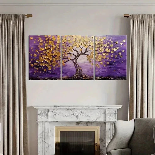 3pcs Abstract Golden Tree Purple Sky Wall Art Canvas Unframed - High Quality Print 100% Australian Made Wall Canvas - Bella Home Decor
