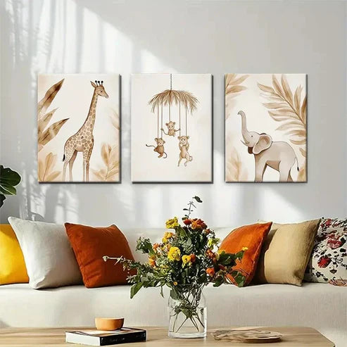 3pcs Safari Jungle Theme Animal Friends Perfect Wall Art Canvas Unframed - High Quality Print 100% Australian Made Wall Canvas