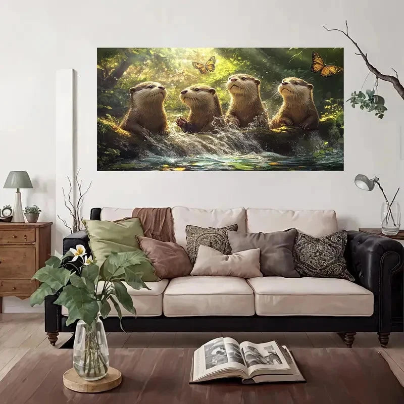Otters With Butterflies Wall Art Canvas Office Home Room Framed 120x60cm