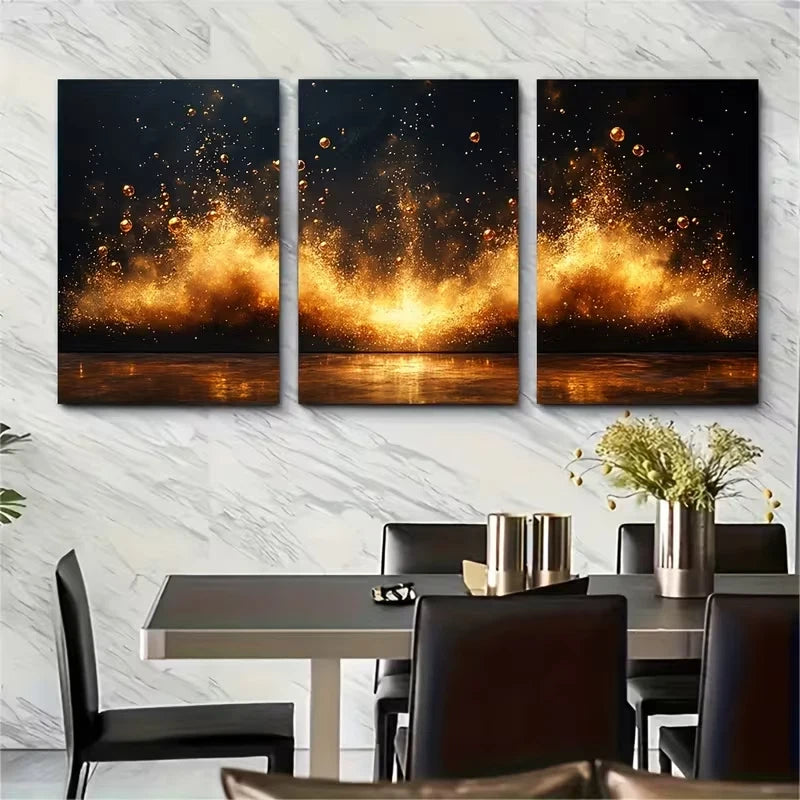 3pcs Elegant Golden Bubble Explosion Abstract Metal Print Ready to Hang Art