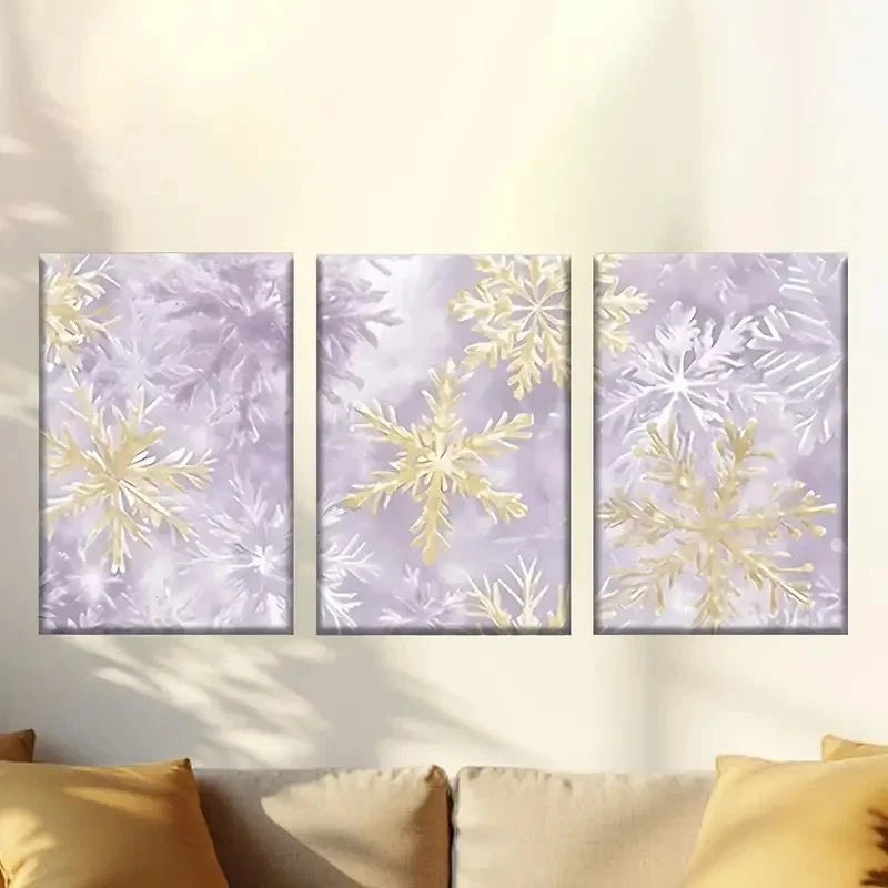 3pcs Purple & Golden Snowflake Pattern Wall Art Set Canvas Framed 40x60cm - High Quality Print 100% Australian Made Wall Canvas Ready to Hang