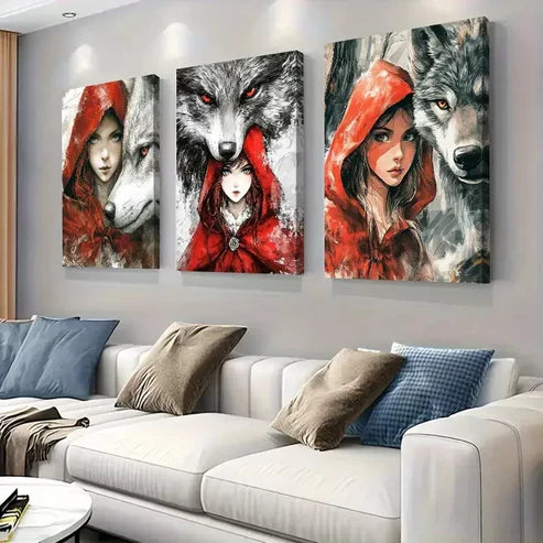 3 PCS Little Red Riding Hood And Wolves Triptych Wall Art Set Canvas Unframed - High Quality Print 100% Australian Made Wall Canvas - Bella Home Decor