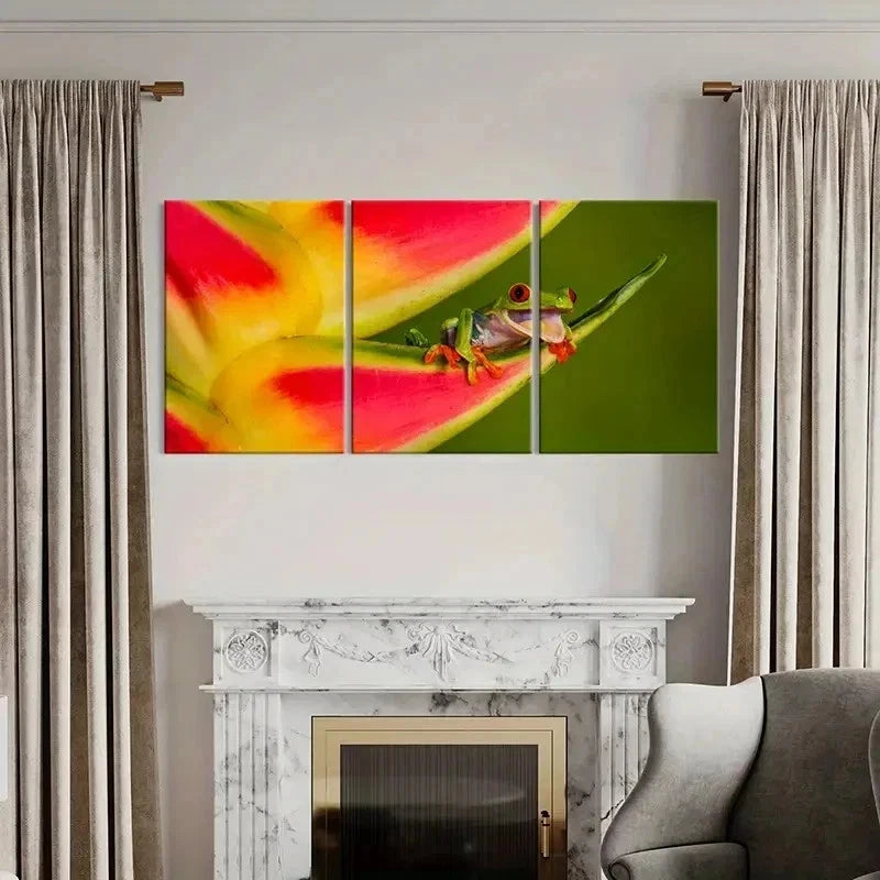3pcs Tree Frog Lying On Flower Petal Wall Art Set Canvas Framed 50x70cm - High Quality Print 100% Australian Made Wall Canvas Ready to Hang - Bella Home Decor