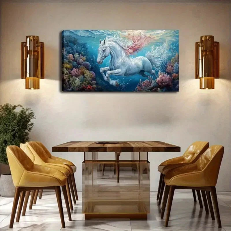 Majestic White Horse Underwater Wall Art Canvas Office Home Room Framed 120x60cm - Bella Home Decor