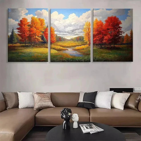 3pcs Flowing Stream and Golden Foliage Prefect Wall Art Canvas Unframed - High Quality Print 100% Australian Made Wall Canvas - Bella Home Decor