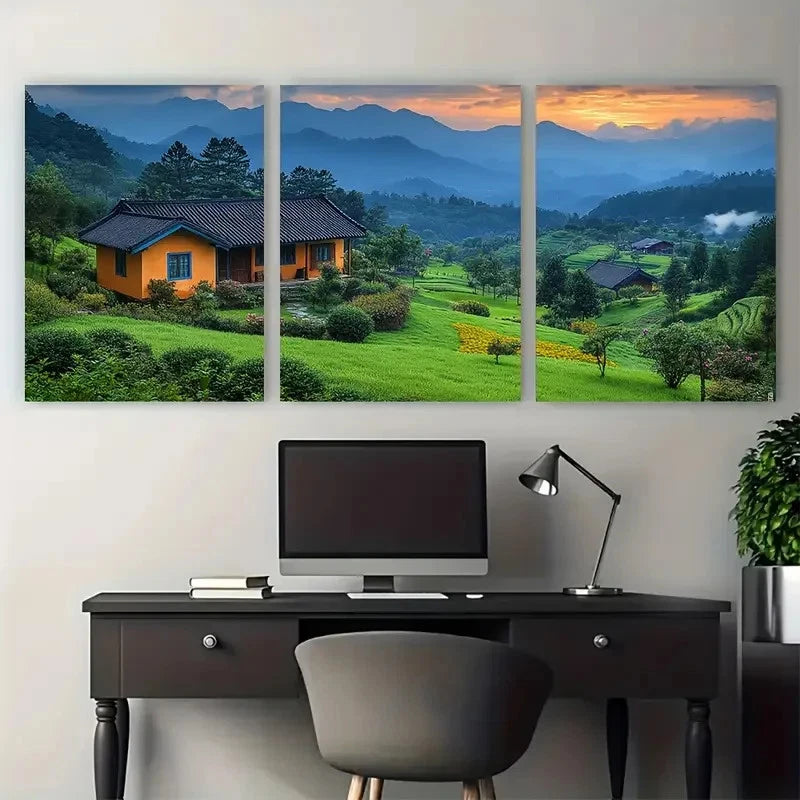 3pcs Elegant Asian Farm Landscape Print Wall Art Set Canvas Framed 40x60cm - High Quality Print 100% Australian Made Wall Canvas Ready to Hang