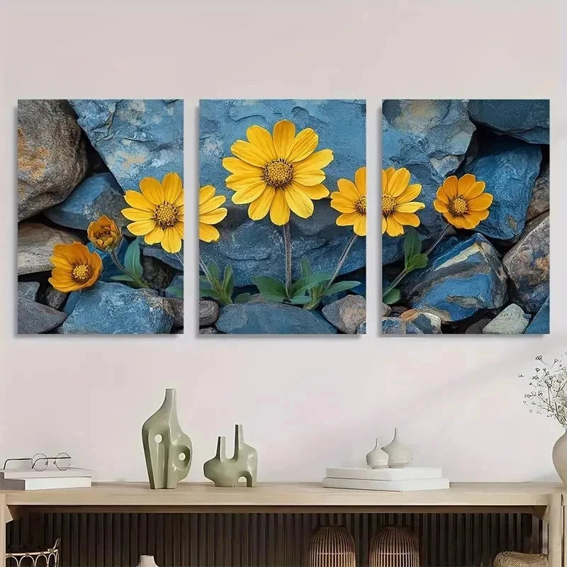 3pcs Yellow Brittlebush Flower Perfect Wall Art Set Canvas Framed 50x70cm - High Quality Print 100% Australian Made Wall Canvas Ready to Hang
