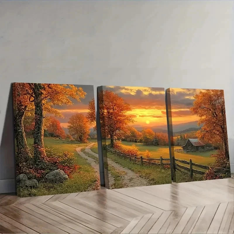 3pcs Picturesque Autumn Sunset Over Wall Art Set Canvas Framed 40x60cm - High Quality Print 100% Australian Made Wall Canvas Ready to Hang