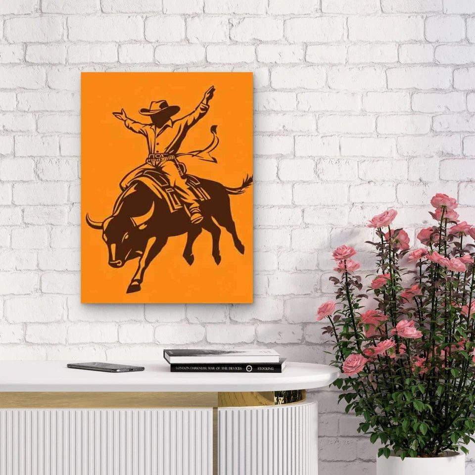 Cowboy Riding a Bull 40x60cm Metal Print Ready to Hang
