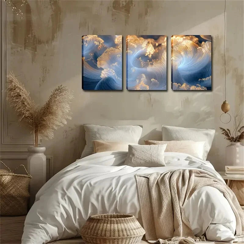 3pcs Triptych with Golden & Blue Swirls Perfect Wall Art Set Canvas Framed 40x60cm - High Quality Print 100% Australian Made Wall Canvas Ready to Hang