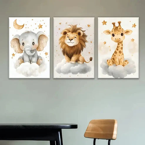 3pcs A cartoon animal and a git Wall Art Set Canvas Unframed - High Quality Print 100% Australian Made Wall Canvas - Bella Home Decor