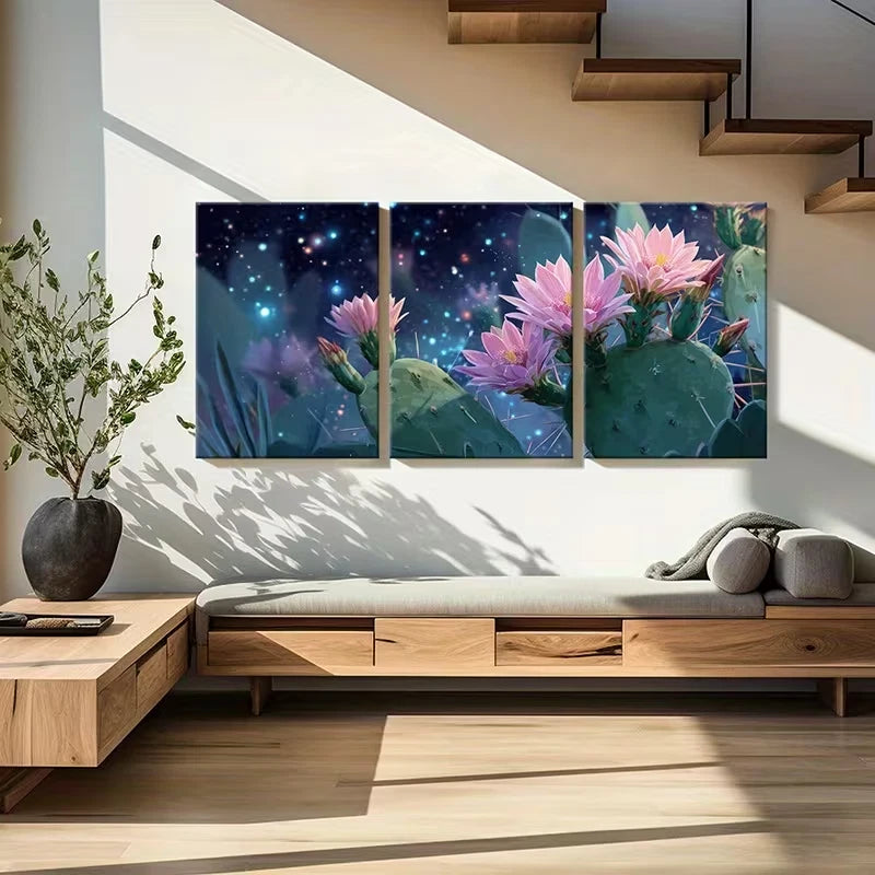 3pcs Cactus Bloom, Desert Flora, Pink Flowers Wall Art Set Canvas Framed 50x70cm - High Quality Print 100% Australian Made Wall Canvas Ready to Hang - Bella Home Decor