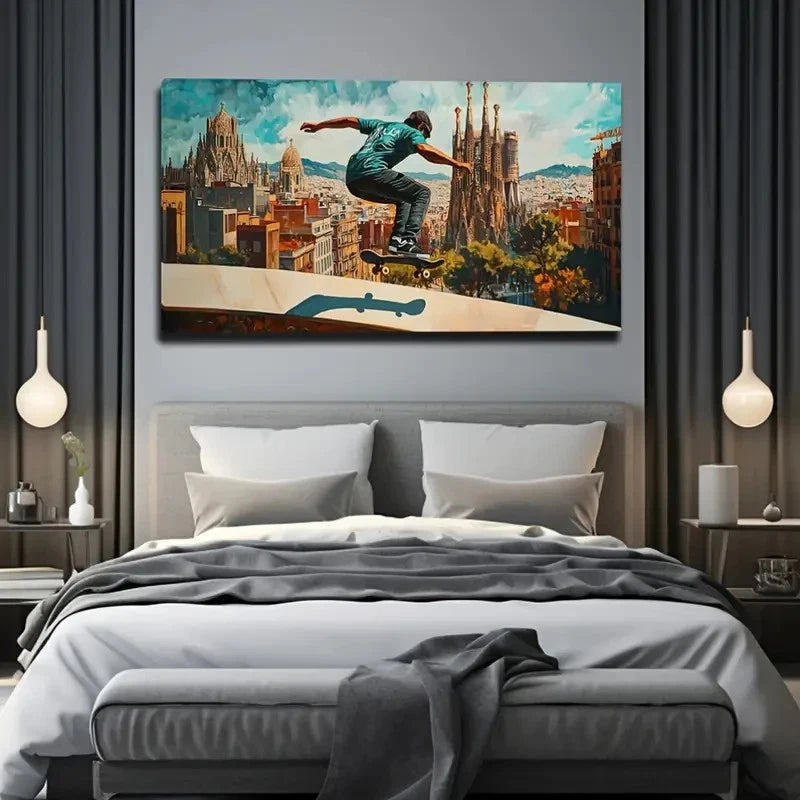 Skateboarder In Barcelona City Wall Art Canvas Office Home Room Framed 120x60cm