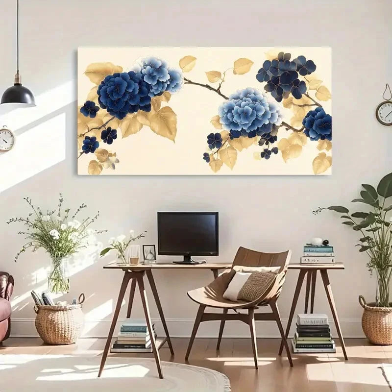 Blue Floral Leaves Luxury Wall Art Canvas Office Home Room Framed 120x60cm - Bella Home Decor