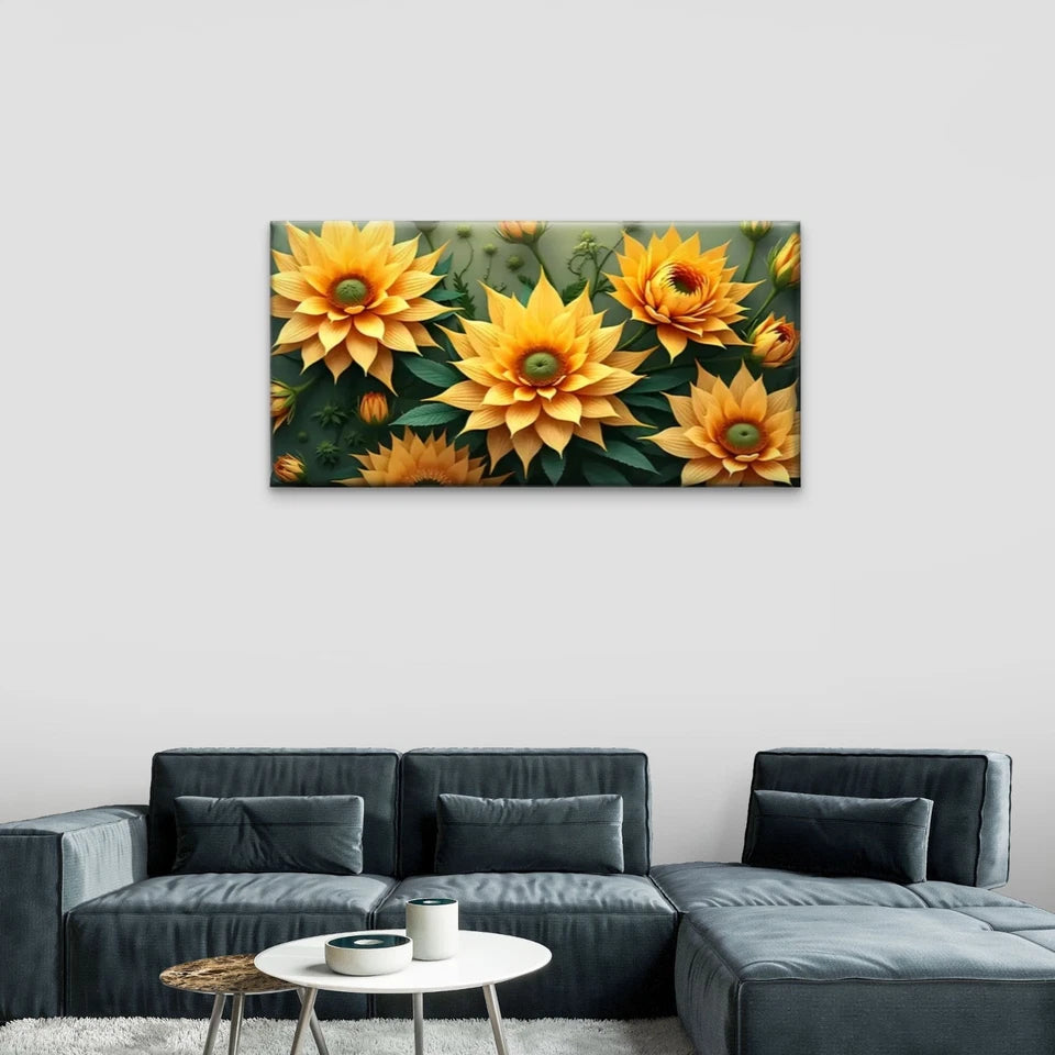 Yellow Flowers Green Leaves Wall Art Canvas Office Home Room Framed 120x60cm