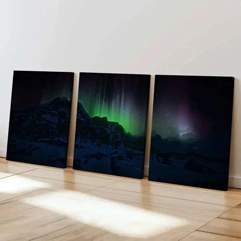3pcs Natural Aurora in Snowy Landscape Wall Art Set Canvas Unframed - High Quality Print 100% Australian Made Wall Canvas
