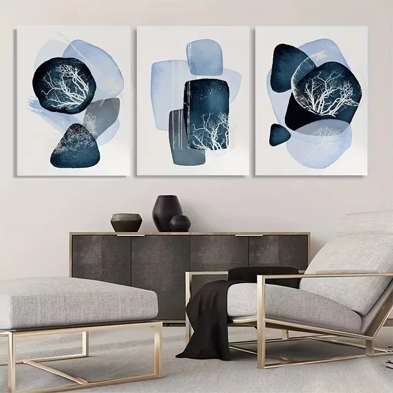 3pcs Navy Blue and White Abstract Wall Art Set Canvas Framed 50x70cm - High Quality Print 100% Australian Made Wall Canvas Ready to Hang