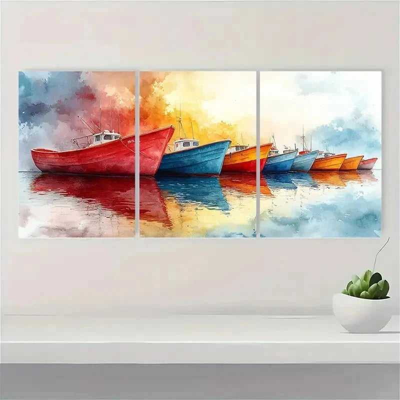 3pcs Sailboats Watercolor Fishing Boats U Wall Art Set Canvas Framed 40x60cm - High Quality Print 100% Australian Made Wall Canvas Ready to Hang