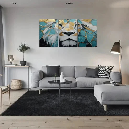 3pcs Lion Golden & Teal Geometric Wall Art Canvas Unframed - High Quality Print 100% Australian Made Wall Canvas