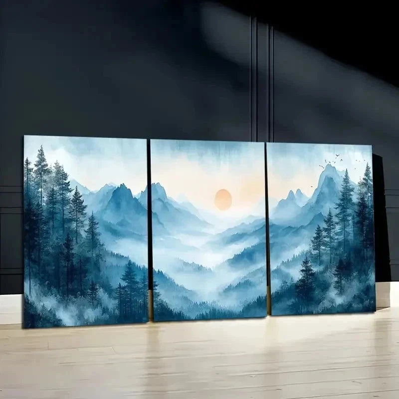 3pcs Japanese Misty Mountains With Sunrise Wall Art Set Canvas Framed 60x90cm - High Quality Print 100% Australian Made Wall Canvas Ready to Hang