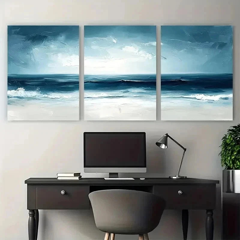 3pcs Abstract Beach Cold Toned Perfect Wall Art Set Canvas Framed 50x70cm - High Quality Print 100% Australian Made Wall Canvas Ready to Hang - Bella Home Decor