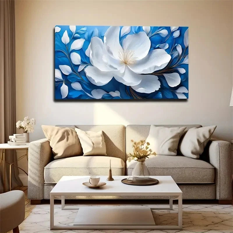 Elegant Blue & White Wall Art Canvas Office Home Room Framed 120x60cm