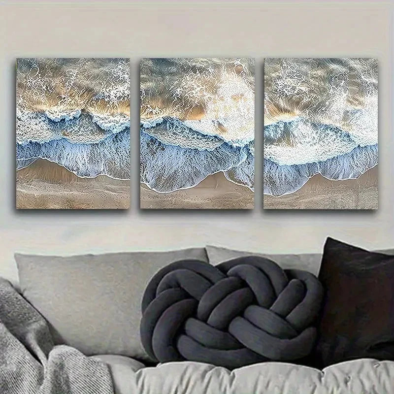 3pcs Ocean Wave Art Print Vintage Wall Art Set Canvas Framed 50x70cm - High Quality Print 100% Australian Made Wall Canvas Ready to Hang