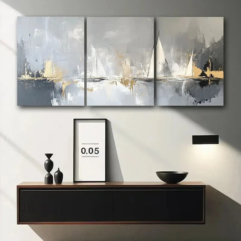 3pcs Sailboats On The Water Abstract Wall Art Set Canvas Framed 60x90cm - High Quality Print 100% Australian Made Wall Canvas Ready to Hang