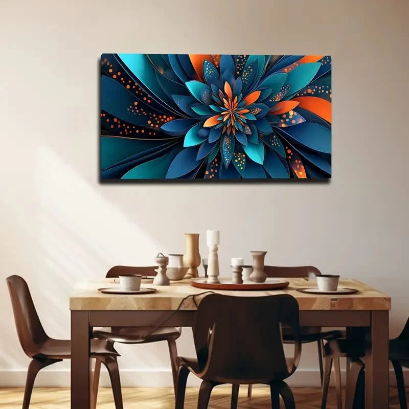 Dining room with a colorful abstract floral painting on the wall.