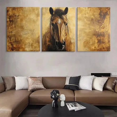 3pcs Horse Portrait Golden Brown Tones Perfect Wall Art Set Canvas Unframed - High Quality Print 100% Australian Made Wall Canvas