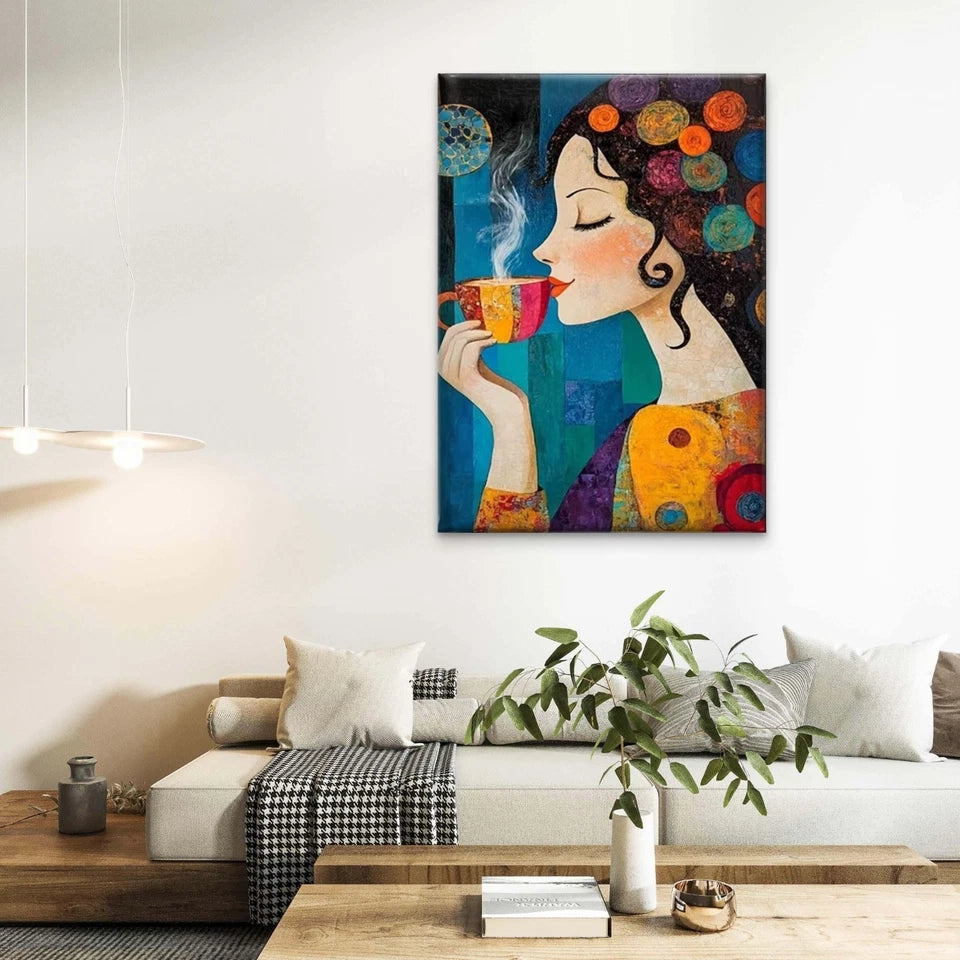 Whimsical Lady with Steaming Coffee 40x60cm Metal Print Ready to Hang