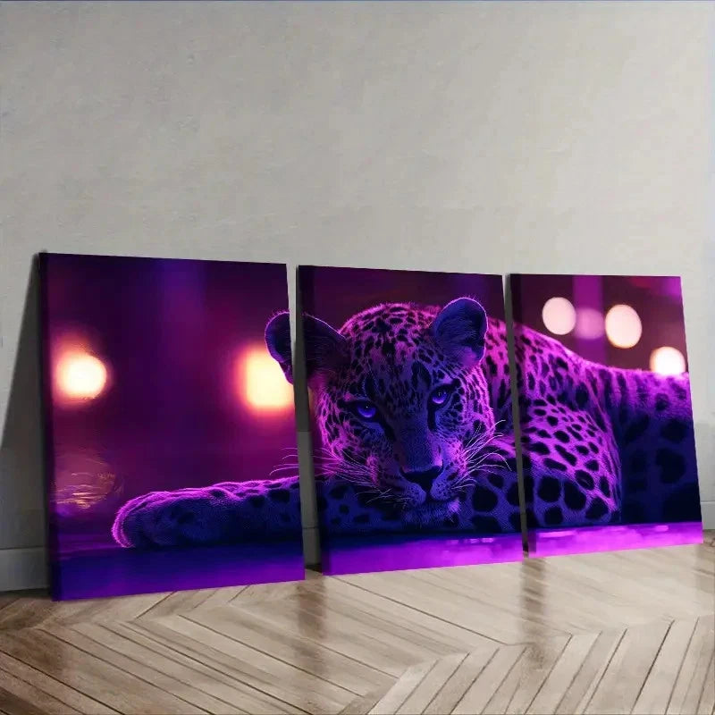 3pcs Leopard, Purple Light Effect Wall Art Set Canvas Framed 60x90cm - High Quality Print 100% Australian Made Wall Canvas Ready to Hang
