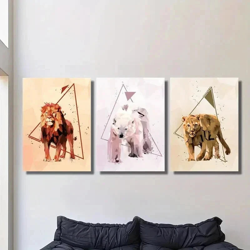 3pcs Abstract Geometric Lion Bear Animal Wall Art Set Canvas Framed 60x90cm - High Quality Print 100% Australian Made Wall Canvas Ready to Hang