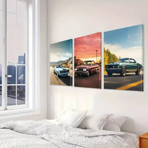 3pcs Retro Aesthetic Vintage Cars With Sunset Art Set Canvas Unframed - High Quality Print 100% Australian Made Wall Canvas