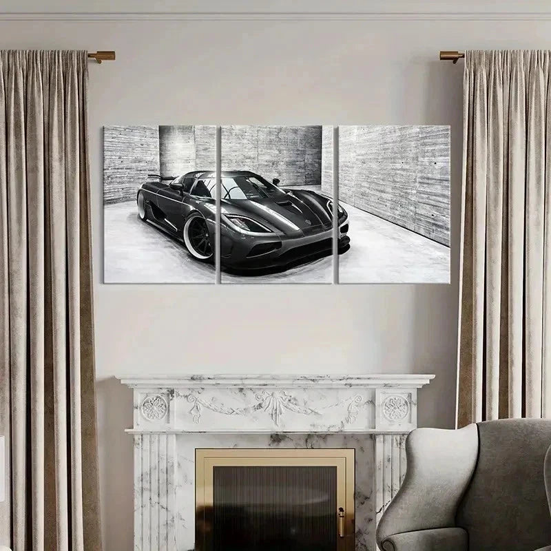 3pcs Modern Black Super Car in the Snow Wall Art Set Canvas Framed 50x70cm - High Quality Print 100% Australian Made Wall Canvas Ready to Hang