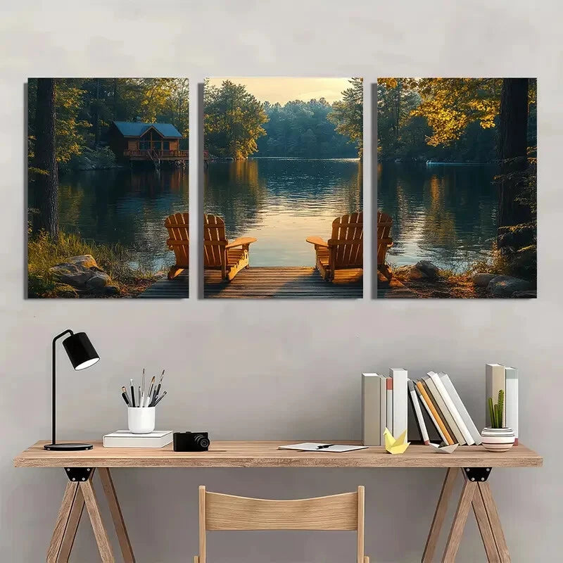 3pcs Lake House Scenery with Wooden Chairs Wall Art Set Canvas Framed 50x70cm - High Quality Print 100% Australian Made Wall Canvas Ready to Hang