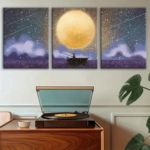 3pcs Tranquil Fishing Scene on a Full Moon Day Art Set Canvas Unframed - High Quality Print 100% Australian Made Wall Canvas