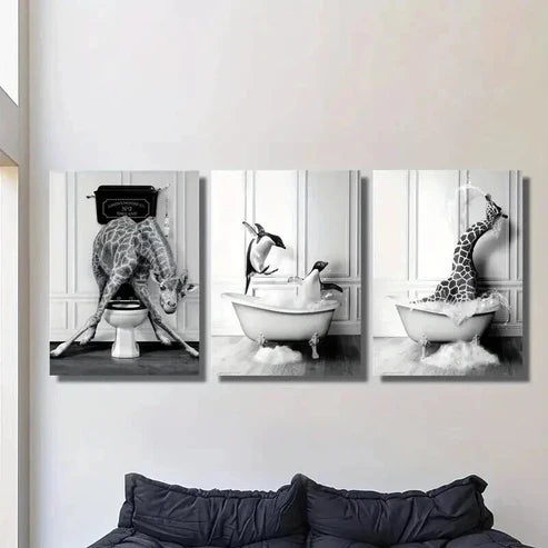 3pcs Black & White Giraffe & Penguin in Bathtub Wall Art Canvas Unframed - High Quality Print 100% Australian Made Wall Canvas - Bella Home Decor