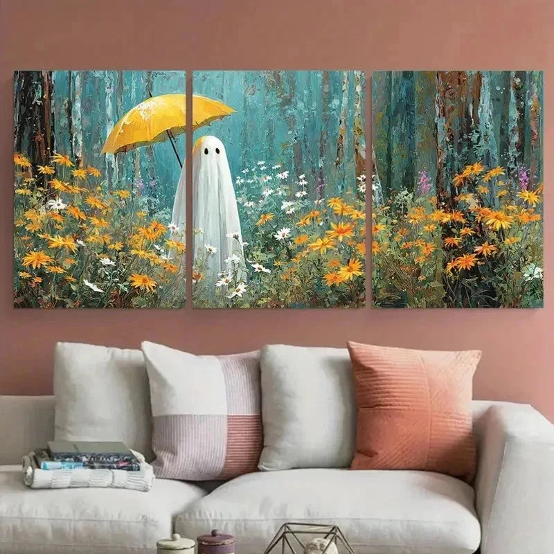 3pcs Cute Ghost In Woods With Yellow Perfect Wall Art Set Canvas Framed 60x90cm - High Quality Print 100% Australian Made Wall Canvas Ready to Hang