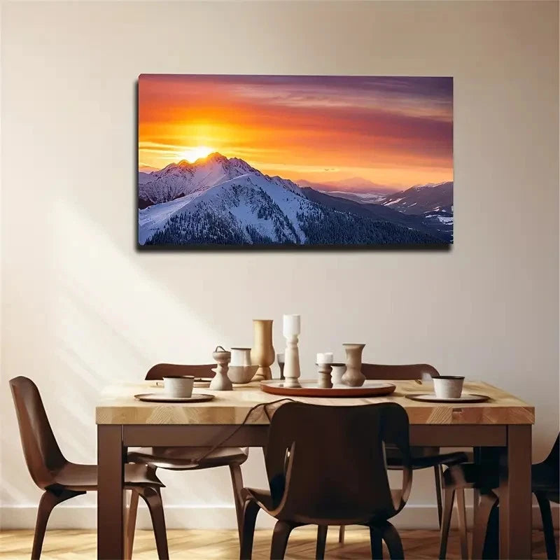 Sunset Scene On Snowy Wall Art Canvas Office Home Room Framed 120x60cm