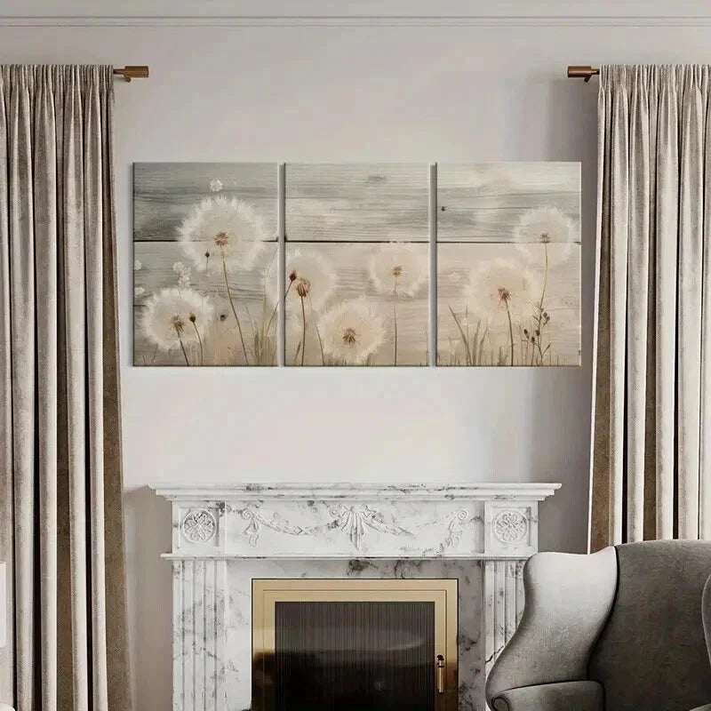 3pcs Rustic Wooden Background Dandelion Floral Wall Art Set Canvas Framed 40x60cm - High Quality Print 100% Australian Made Wall Canvas Ready to Hang - Bella Home Decor