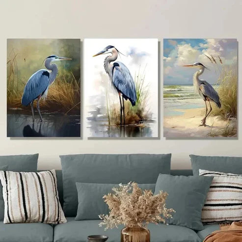 3pcs Blue Heron Wetlands & Beach Scene Wall Art Set Canvas Unframed - High Quality Print 100% Australian Made Wall Canvas - Bella Home Decor