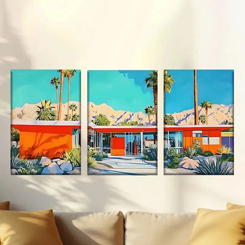 3pcs a painting of a house in the desert Wall Art Set Canvas Framed 60x90cm - High Quality Print 100% Australian Made Wall Canvas Ready to Hang - Bella Home Decor